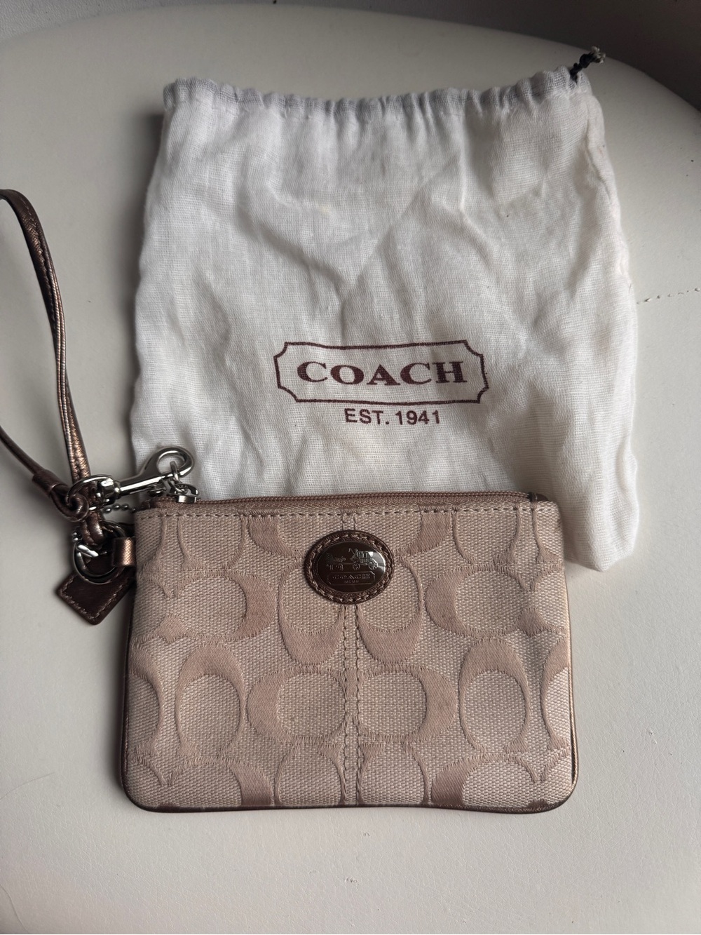 Coach Tan/Cream Signature Wristlet with Logo Medallion